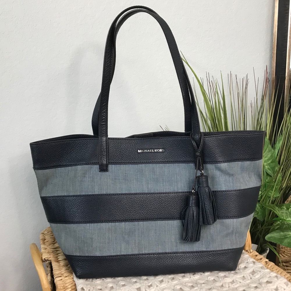 Michael Kors Striped Canvas Washed Denim Tote